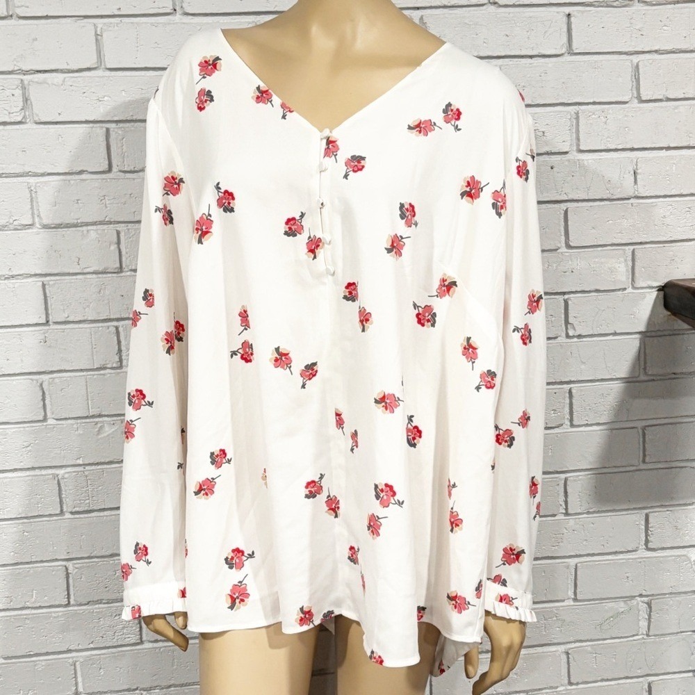 LOFT White Red Floral V-Neck Long Sleeve Ruffle Cuff Blouse Preppy 24